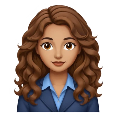 She has long, brown hair styled in soft wavy curls with a middle part. She has well-shaped eyebrows and dark brown eyes. She is wearing light makeup that highlights her natural beauty and is offering a slight smile to the camera.  sticker