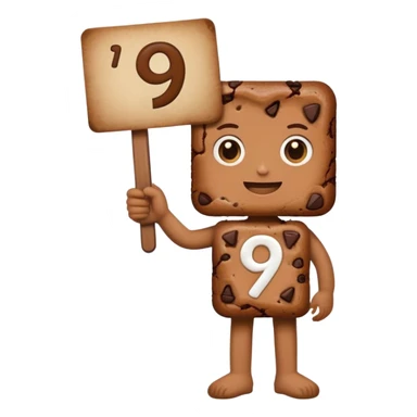 A food brownie holding up a sign with the number 9 on it sticker