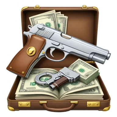Icon for Action & Crime Reading: an open book with action-packed scenes, featuring a gun, handcuffs, a detective's badge and a briefcase with money. The icon should capture the tension and excitement of crime and action stories. Transparent background. sticker