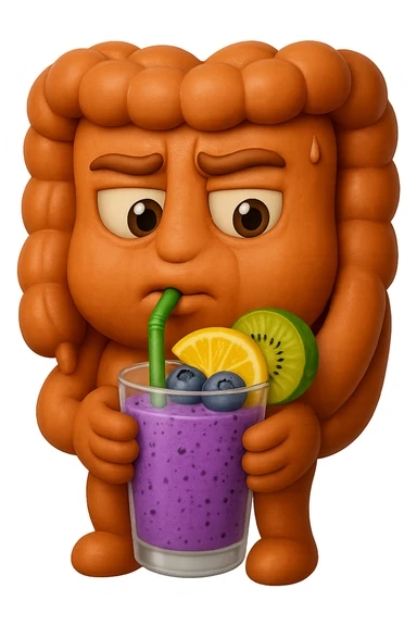 EMOJI STILE IPHONE DI un intestino umano anatomico che beve un frullato di mirtilli, ananas, kiwi, fagli anche la parte bianca degli occhi, non solo le pupille, REALISTICo 4K sticker