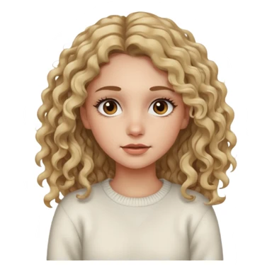 a dirty blonde girl with brown eyes and make her wearing a white sweater and  with really long curly hair and white skin color, long hair and really big lashes sticker