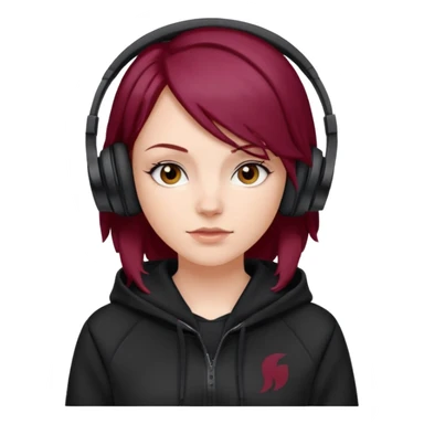 white girl with burgundy hair, black deportive hoodie and black headphones sticker
