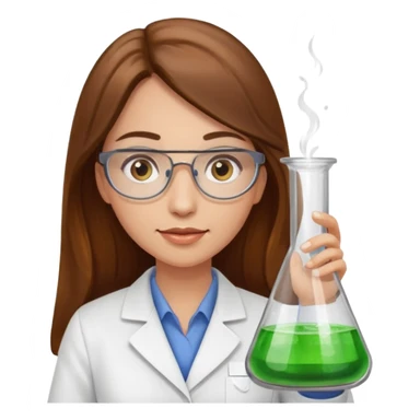 Crie emojis de uma mulher de cabelos longos castanhos farmacêutica mexendo com becker sticker