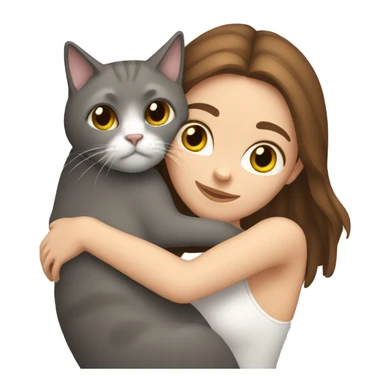 White girl with brown hair hugging grey cat sticker