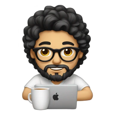 Designer with black hair, beard and glasses working with MacBook and drinking cappuccino  sticker
