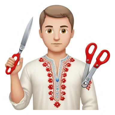 A Ukrainian man wearing traditional white embroidered vyshyvanka shirt holding red scissors in one hand and a spanner/wrench in the other hand sticker