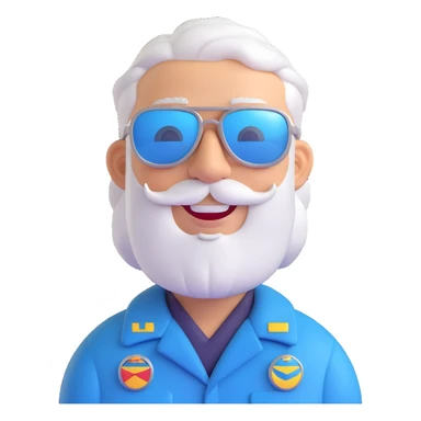 middle-aged male pilot, white skin, silver hair, beard, smiling, wearing sunglasses, bright friendly detailed 3D cartoon style similar to Apple emoji style sticker
