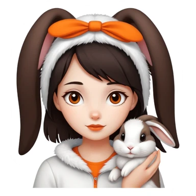 Dark brown hair girl with her white hair rabbit. The rabbit has a orange line in its head sticker