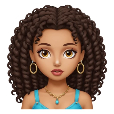 pretty bratz baddie, dark brown curly head, tan skin, nose piercing sticker