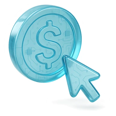 Icon of a coin with a mouse cursor clicking on it, modern and sleek, cyan blue sticker