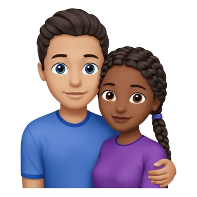 Boyfriend who is medium tan olive skinned with blue eyes and wavy straight brown hair in a blue shirt and his girlfriend who is dark skinned, juicy lipped with black braided hair and the two are hugging and smiling she’s wearing purple and she has black eyes sticker