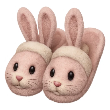Make the light pink bunny slippers with floppy ears look fuzzy in the style of emoji, with no background. sticker