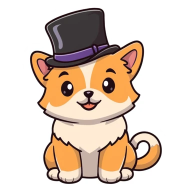 cute small dog with plain light tan fur, black nose, black round eyes, curly fluffy medium length hair, wearing a top hat sticker