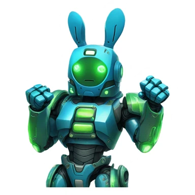 a blue and green robot rabbit has a fist in the air, cyberpunk sticker