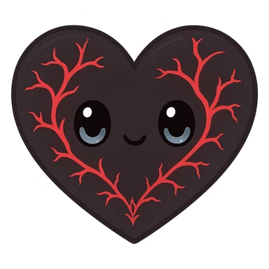 black gothic heart with glowing red veins, ornate, dark, elegant, kawaii style sticker