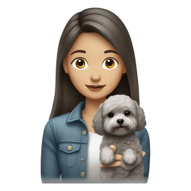 Brunette girl long straight hair, holding a gray maltipoo with a white snout sticker
