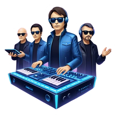 Icon for Electronic Music: Jean-Michel Jarre, Moby, DJ Tiesto, and Jorn van Deynhoven performing with synthesizers, turntables, and futuristic lighting effects. The design should evoke the vibrant and immersive atmosphere of electronic music festivals. Transparent background. sticker