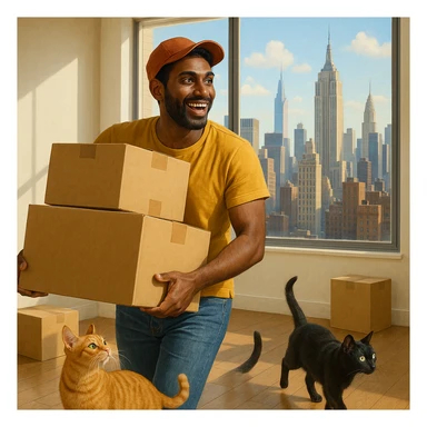An Indian Black man with his two cats moving into a New York City apartment, showing boxes, city skyline, and excitement sticker