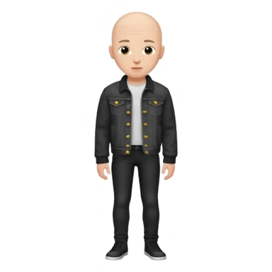  a young man with bald head, black jeans jacket sticker