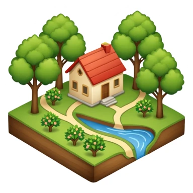An icon featuring a local map, symbolizing local gardening. The design includes a different trees, and 1 tiny wooden house, representing the unique geography and culture of a specific area. Transparent background highlights the exploration of local history and environment. sticker