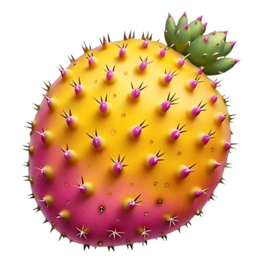 one whole prickly pear fruit with slightly oval shape, smooth skin dotted with tiny subtle spines, skin color vibrant pink to yellow-orange, halved version reveals vivid magenta or golden pulp speckled with small seeds, no cactus pads, knife, or extras, soft lighting, subtle shadows, emoji scale sticker