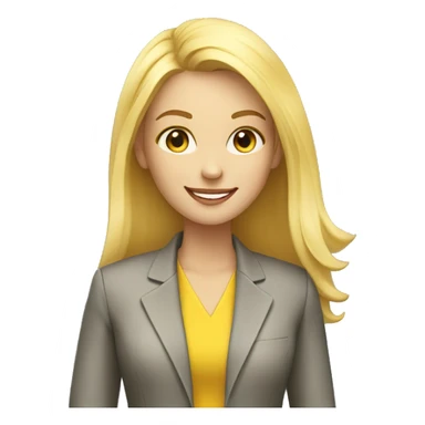 a beautiful girl wearing a yellow suit jacket. she has straight and blonde hair and she is smiling. she has a laptop in front of her sticker