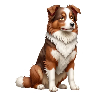 cinematic-[australian shepherd dog]-realistic-full-body-sitting-emoji,-tail-resting-loosely-beside-its-paws,-head-tilted-dramatically,-scruffy-[red merle]-fur,-simplified-yet-realistic-focused-features,-highly-detailed,-glowing-with-an-almost-sarcastic-glow sticker