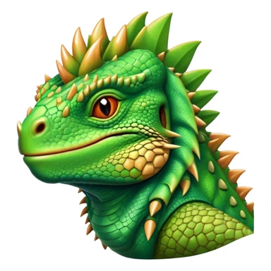 Cinematic Noble Iguana Portrait Emoji, Poised and majestic, with a robust, muscular build and a vibrant, scaly body accented by a prominent spiky crest and keen, observant eyes, Simplified yet sharp and sophisticated features, highly detailed, glowing with a soft, jungle radiance, high shine, intelligent and formidable, stylized with an air of ancient reptilian authority, focused and commanding, soft glowing outline, capturing the essence of a watchful guardian that appears ready to stride out of the screen with effortless might! sticker