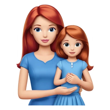 A barbie girl with makeup with brown hair with a child, a daughter, a girl with red hair, holding her hand in blue clothes and a husband, a man with brown hair, a family sticker