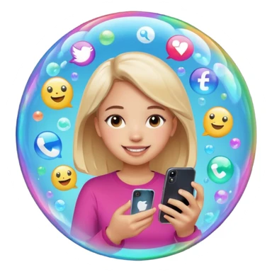 a girl inisde a buble watching her phone and put apps floading around do tik tok instagram and snapcjat sticker