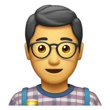 Japanese wearing roundglasses alohashirt is holding beer sticker