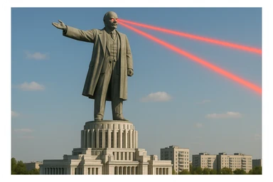 Дворец Советов, основной упор на 100-метровую фигуру Ленина, у которой из глаз вылетают 2 луча прожектора красного цвета.

На фоне можно поставить обычные пятиэтажки-панельки, которые в 20 раз меньше Дворца Советов

Стиль фото реализм, обычный солнечный день  sticker