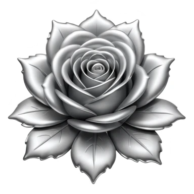 A rose emoji made of liquid silver metal, smooth metallic petals, reflective chrome surface, soft gradients, elegant shape, minimalistic iOS emoji style, centered, clean white background, realistic highlights, no text sticker