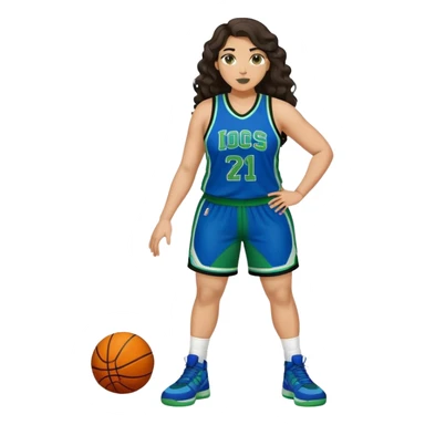 full body plus size light skin latino women basketball player with wavy dark hair large widenose wearing blue and green uniform sticker