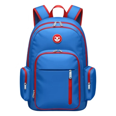 blue backpack with two diveded logo (leftside white, right side red) at the bottom pocket

 sticker