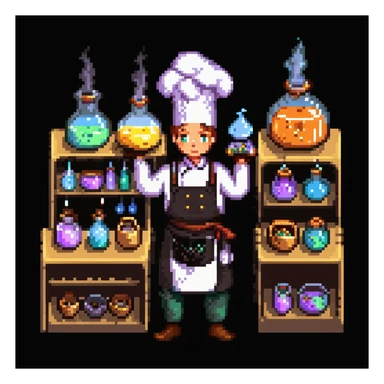 Ein magischer Bäcker mit gläsernen Kolben, dampfenden Mischungen und einem Ofen mit Messingverzierungen. Die UI hat Texturen wie altes Pergament, Rauchschwaden als Hover-Effekt, und Buttons wie Kristallknöpfe.
 sticker