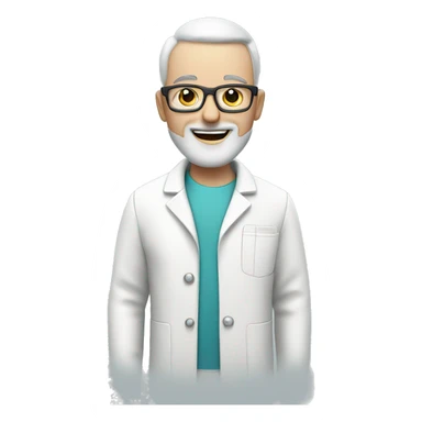 white man, bald with grey beard in dentist's white coat, has glasses sticker
