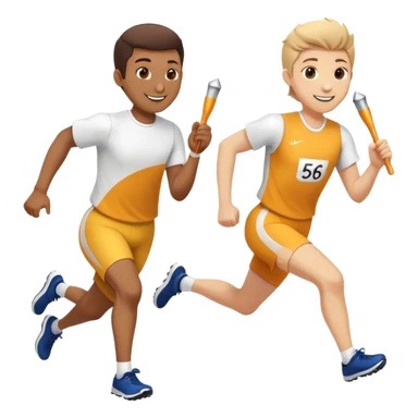 Show the baton being passed off like in a relay race. Make them smiling  and running in a track relay race. One needs to be running and hanging one baton to the other. Put the number 56 o  their shirts. Great now make the baton bigger and brighter like the Olympics  sticker