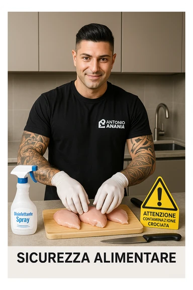 a man person in a modern kitchen handles raw chicken breasts on a cutting board, wearing disposable gloves. Nearby, a bottle of disinfectant spray, a separate knife for vegetables, and a warning sign about cross-contamination are clearly visible. The mood is educational, emphasizing safe food handling. in italiano sticker