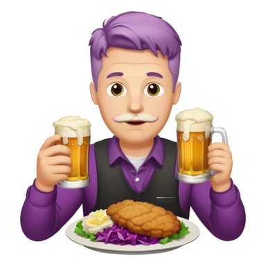 German man eating schnitzel, potato salad, red cabbage, sauerkraut, and beer sticker