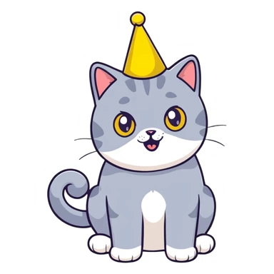 Joyful British shorthair blue cat with excited expression wearing a party birthday hat sticker