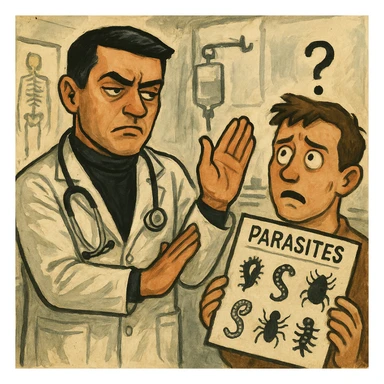 Create a semi-realistic or expressive style image of a male doctor inspired by the reference image, wearing a white coat. The doctor is waving off a diagnostic chart showing parasites, with an indifferent or annoyed look. The patient looks confused. The background is clinical. The tone is critical and ironic. sticker