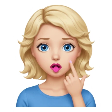 Girl Blonde short wavy hair,  blue eyes, cute blue top, long lashes, pink lips, shocked, hand over the mouth sticker