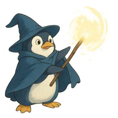 ghibli style penguin wizard casting a spell sticker