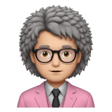 a man with fluffy hair, a small face, brown eyes, black glasses, wearing a pink and grey suit  sticker