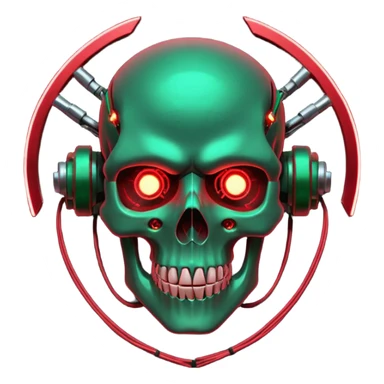 Cyberpunk shield, skull with cybernetic implants, glowing wires, dark green and red tones, no background sticker