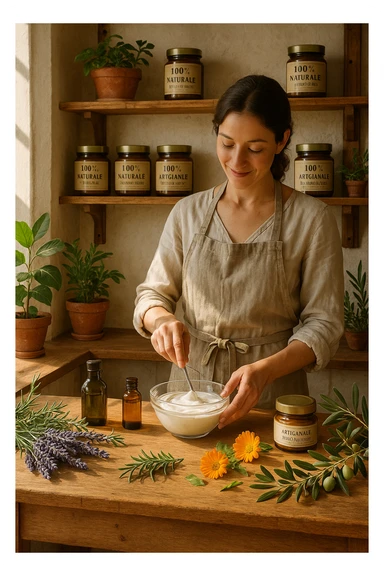 A realistic, high-quality photo of a small artisan skincare laboratory in Italy, with wooden shelves displaying beautifully packaged glass jars of natural creams made with herbal and botanical extracts, olive oil, and essential oils, clearly labeled ‘100% Natural’ and ‘Artisan Made in Italy’. The scene includes a bright, sunlit rustic workspace with plants, fresh lavender, rosemary, calendula flowers, and olive branches on the wooden counter, symbolizing purity and nature. A female artisan in a linen apron is carefully mixing creams in a glass bowl, smiling softly. The environment feels warm, authentic, and eco-friendly, emphasizing the concept of handcrafted skincare without synthetic chemicals in italiano sticker
