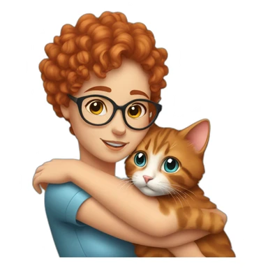 a pretty girl with curly copper hair and blue glasses hugging a cat sticker