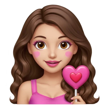 girl with long wavy brown hair, brown eyes, long lashes makeup, sexy pink lips, light to medium complexion, wearing a pink sexy top,, heart lillipop sticker