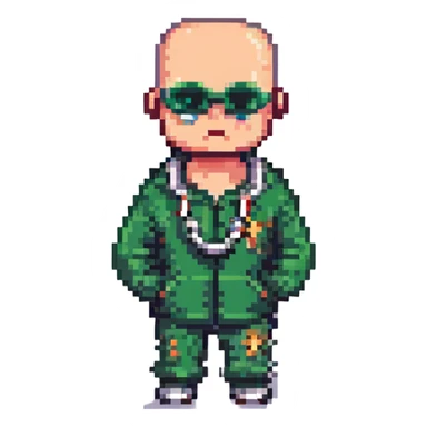Pixel art thug in tracksuit, holding chain, bald head, angry expression, side view, retro arcade sprite
+ add the indicator to it "2020000" sticker